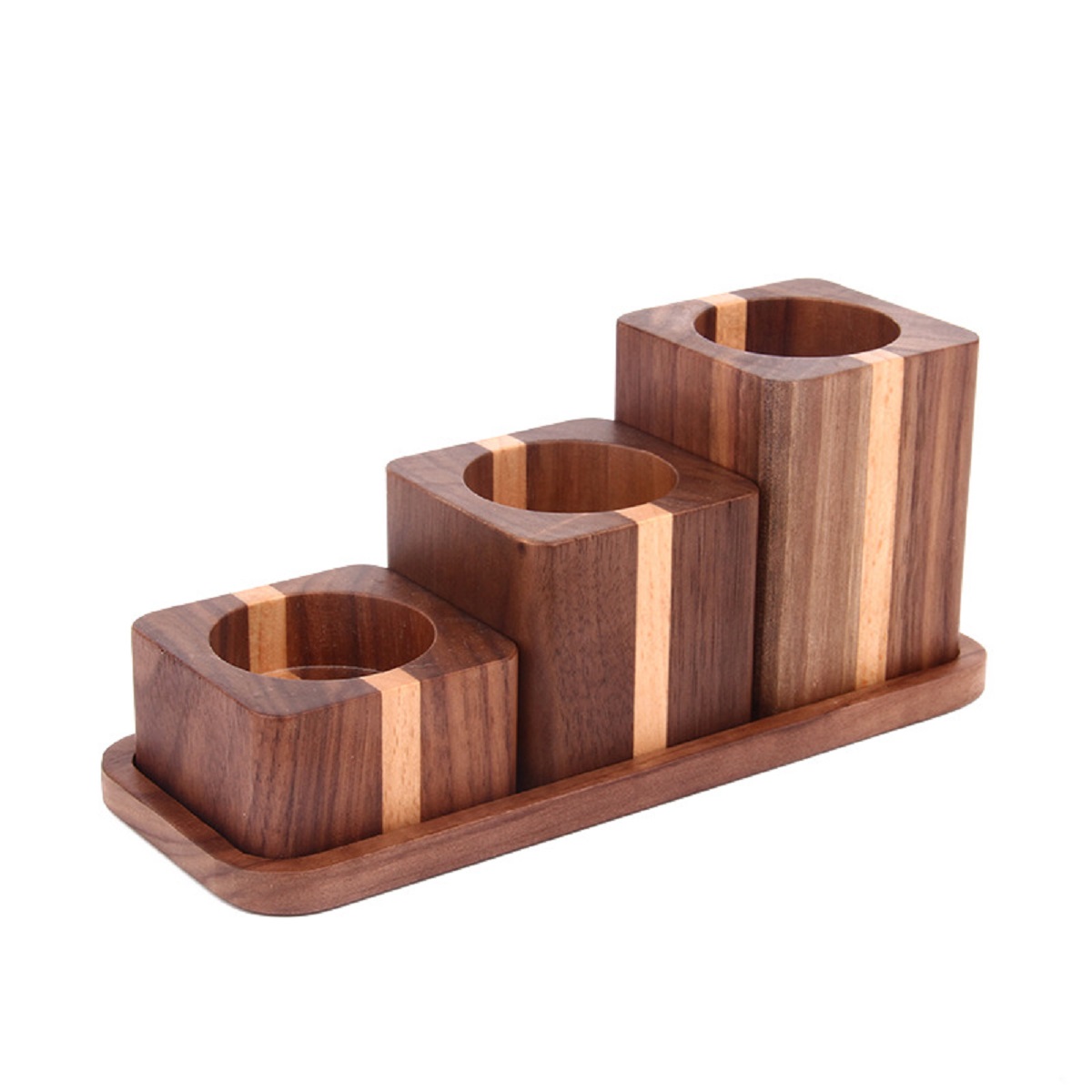 Set of 3 Wooden Candle Holder with tray